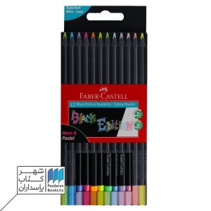 مداد رنگی ۱۲ رنگ بدنه مشکی پاستلی و نئون ۳ وجهی جعبه مقوایی فابر کاستل