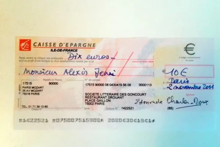 چک جایزه گنکور به مبلغ 10 یورو